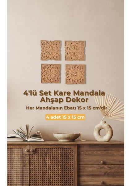 Duvar Dekoru 4'lü Kare Mandala Seti Çok Katmanlı Ahşap Bohem Duvar Süsü fiyatları