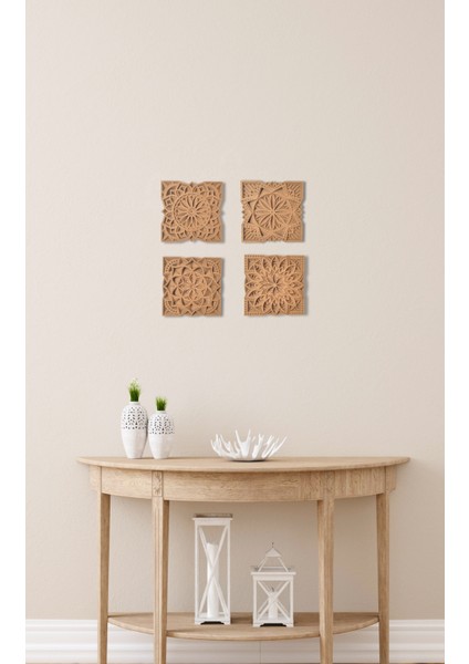 Duvar Dekoru 4'lü Kare Mandala Seti Çok Katmanlı Ahşap Bohem Duvar Süsü modelleri