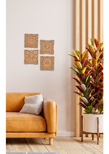 Duvar Dekoru 4'lü Kare Mandala Seti Çok Katmanlı Ahşap Bohem Duvar Süsü fırsatları