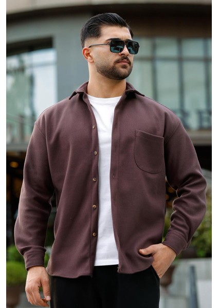 Likralı Yarım Oversize Cepli Kaşe Gömlek