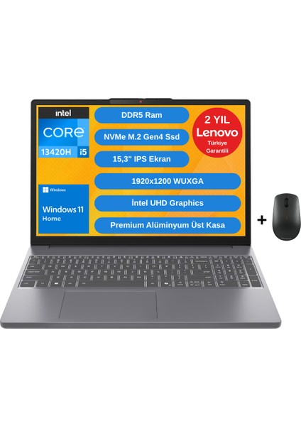 Ideapad Slim 3 Intel Core I5 13420H 16GB 512GB SSD 15.3" Wuxga Windows 11 Home Taşınabilir Bilgisayar - Lenovo Mouse WZ13