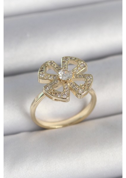 Pirinç Gold Renk Zirkon Taşlı Yonca Model Ayarlanabilir Kadın Yüzük - TJ-BYK3719