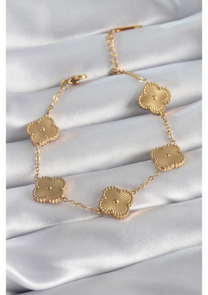 316L Çelik Gold Renk Yonca Model İşleme Detay Kadın Bileklik - TJ-BB5882