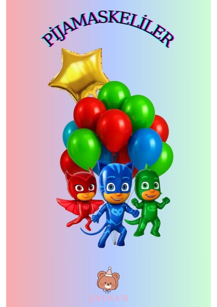 Pijamaskeliler Temalı Karakter Baskılı 3lü Folyo Balon Seti Yıldızlı