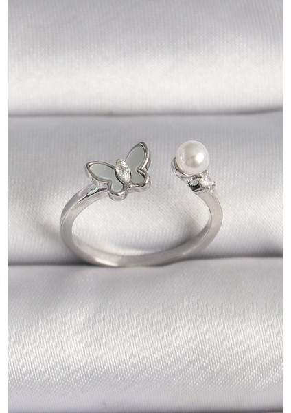 Pirinç Gümüş Renk Zirkon Taş Detaylı Beyaz Mineli Kelebek Figür Inci Detay Ayarlanabilir Yüzük - TJ-BYK3524 fiyatları