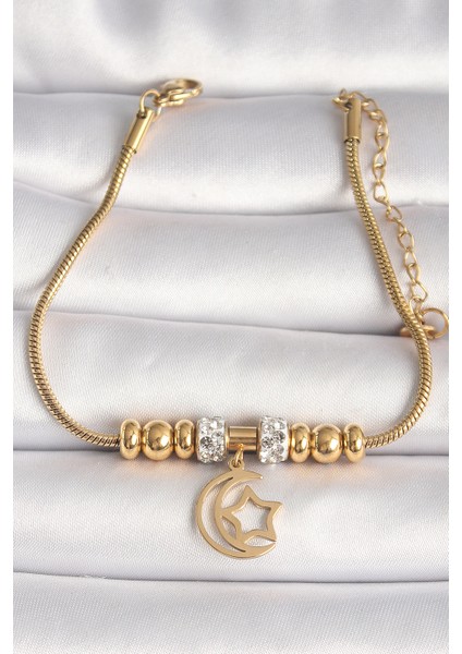 316L Çelik Gold Renk Tüp Zincir Zirkon Taş Detaylı Sallantı Ay Yıldız Figür Kadın Bileklik - TJ-BB6759 fiyatları