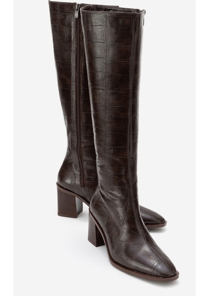 Venıa Kahverengi Baskı Kadın Kalın Topuklu Çizme