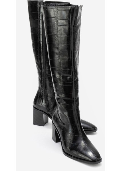 Venıa Siyah Baskı Kadın Kalın Topuklu Çizme