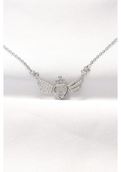 316L Çelik Silver Renk Zirkon Taşlı Kalpli Kanat Kolye - TJ-BKO8515