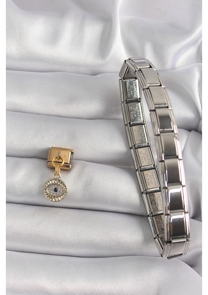 316L Çelik Gold Renk Sallantı Zirkon Taşlı Göz Model Nomination Charm - TJ-BC1193 modelleri