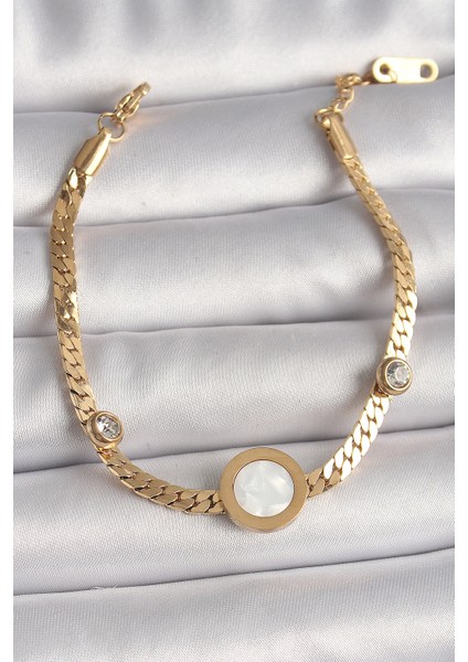 316L Çelik Gold Renk Yassı Zincir Model Zirkon Taş Detaylı Beyaz Mineli Madalyon Model Kadın Bileklik - TJ-BB6732