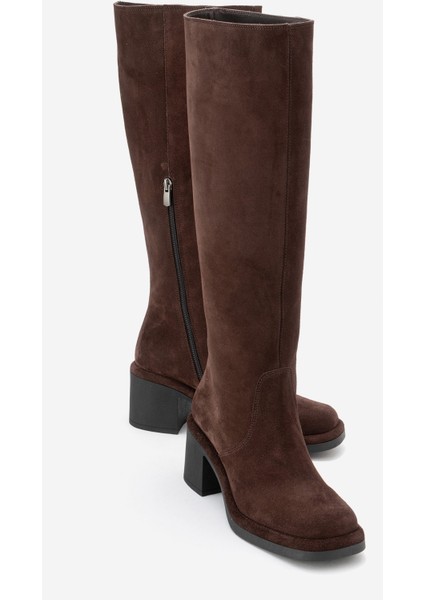Fros Kahverengi Süet Hakiki Deri Kadın Kalın Topuklu Çizme