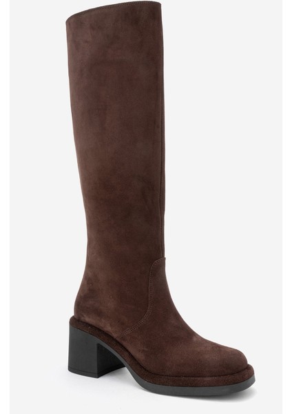 Fros Kahverengi Süet Hakiki Deri Kadın Kalın Topuklu Çizme modelleri