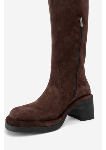 Fros Kahverengi Süet Hakiki Deri Kadın Kalın Topuklu Çizme fırsatları