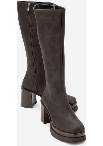 Carm Kahverengi Nubuk Platform Topuklu Kadın Çizme