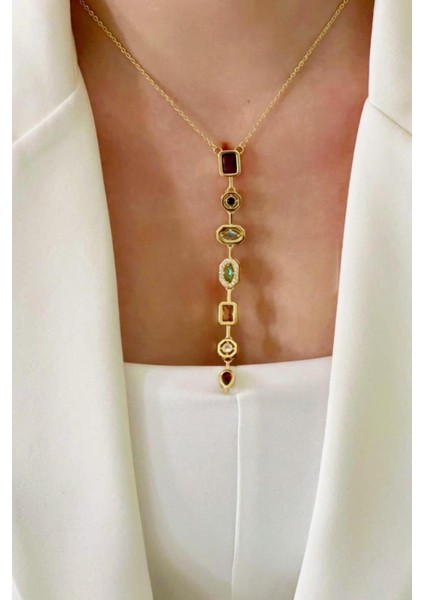 7 Element Y Şeklinde Çelik Kolye-Gold ve Gümüş Renk Şık ve Modern Tasarım