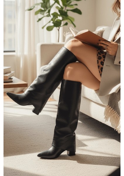 Strada Siyah Mat Tak-Çıkar Konçlu (8 cm Topuk Boyu ) Günlük Kullanım Bot ve Çizme