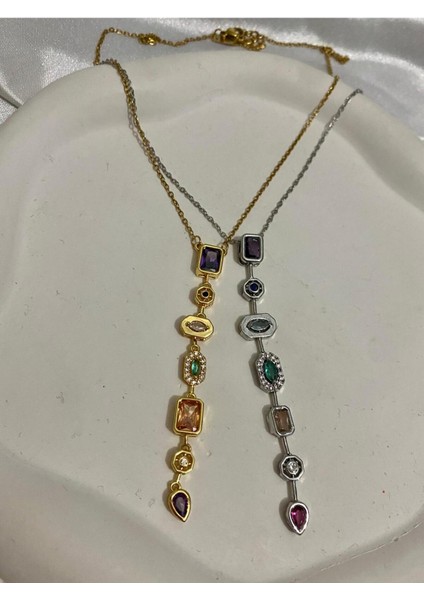7 Element Y Şeklinde Çelik Kolye-Gold ve Gümüş Renk Şık ve Modern Tasarım modelleri