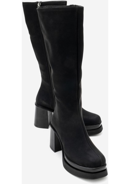 Carm Siyah Nubuk Platform Topuklu Kadın Çizme