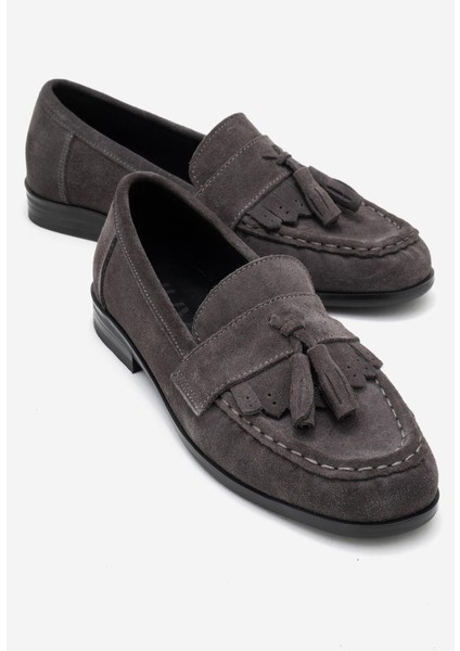 Lupen Gri Süet Püsküllü Hakiki Deri Kadın Loafer Ayakkabı