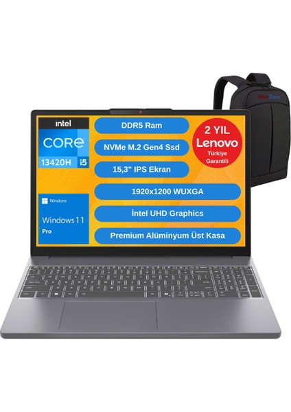 Ideapad Slim 3 Intel Core I5 13420H 40GB 512GB SSD 15.3" Wuxga Windows 11 Pro Taşınabilir Bilgisayar - Webzone Çanta WZ29