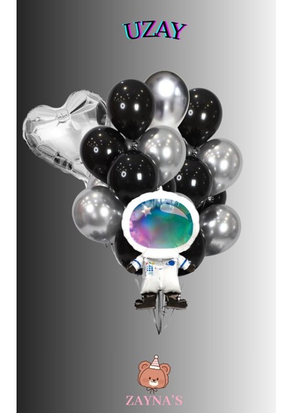 Kozmik Uzay Temalı Galaksi Astronot Baskılı Karakterli Folyo Balon Seti Kalpli