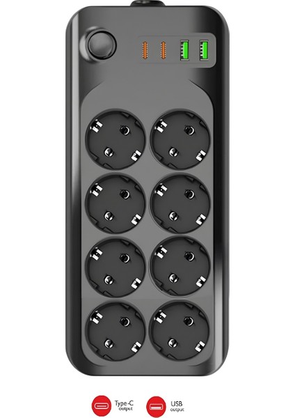 Termal Akım Korumalı USB ve Type-C 2.1A Şarj Çıkışlı 10A 2500W 8'li Uzatma Grup Priz 2 Metre