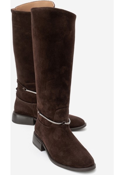 Ansel Kahverengi Süet Hakiki Deri Bilek Kayışlı Kadın Binici Çizme