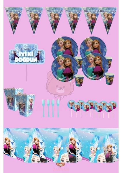 Frozen Elsa Temalı Kız Çocuk 32 Kişilik Set Doğum Günü Parti Malzemeleri