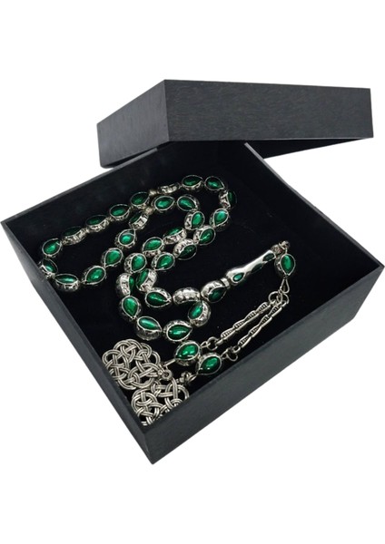 Gümüş Renk Mine İşleme Metal Tesbih,İkili Kazaz Desen Metal Püskül Hediye Kutulu Tespih.