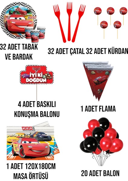 Cars Arabalar Temalı Şimşek Mgueen Konuşma Balonlu 32 Kişilik Set Doğum Günü Parti Malzemeleri fiyatları