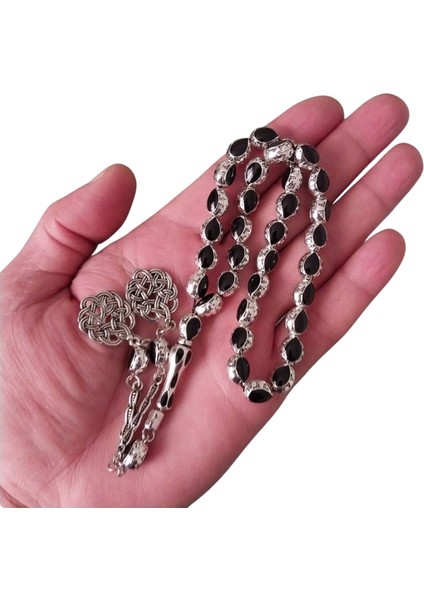 Gümüş Renk Mine İşleme Metal Tesbih,İkili Kazaz Desen Metal Püskül Hediye Kutulu Tespih.