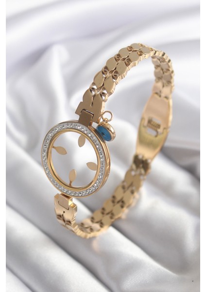 316L Çelik Gold Renk Arpa Model Zirkon Taş Detay Çeyrek Altın Takılabilir Kadın Kelepçe - TJ-BB5765