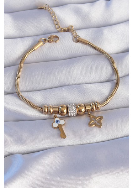316L Çelik Gold Renk Zirkon Taşlı Yonca Detay Nazarlı Anahtar Tasarımlı Bileklik - TJ-BB6203