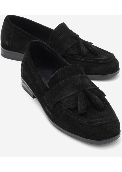 Lupen Siyah Süet Püsküllü Hakiki Deri Kadın Loafer Ayakkabı
