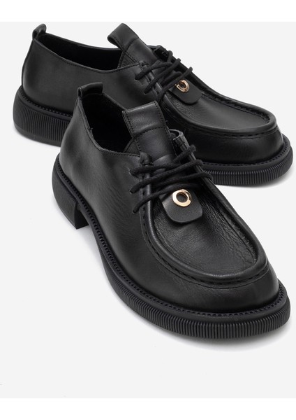 Band Siyah Cilt Hakiki Deri Bağcıklı Kadın Loafer Ayakkabı