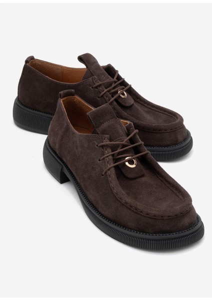 Band Kahverengi Süet Hakiki Deri Bağcıklı Kadın Loafer Ayakkabı