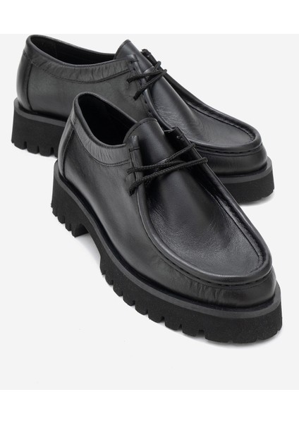 Talıa Siyah Cilt Hakiki Deri Bağcıklı Kadın Loafer Ayakkabı