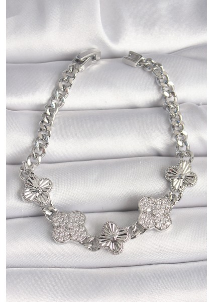 Pirinç Gümüş Renk Zincir Yonca Model Kadın Bileklik - TJ-BB6837 fiyatları