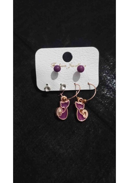 3'lü Kedi ve Taşlı Kombin Çelik Küpe - Mor