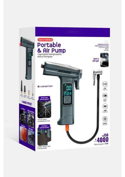 4000 Mah Taşınabilir Dijital Hava Kompresörü – LED Işıklı Şarjlı Lastik & Top Şişirme Pompası – Gizli Emniyet Kemeri Kesici ve Araç Camı Kırma Aparatlı modelleri