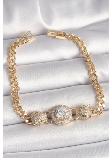 Pirinç Gold Renk Zirkon Taşlı Leopar Figür Zincir Model Kadın Bileklik - TJ-BB6828