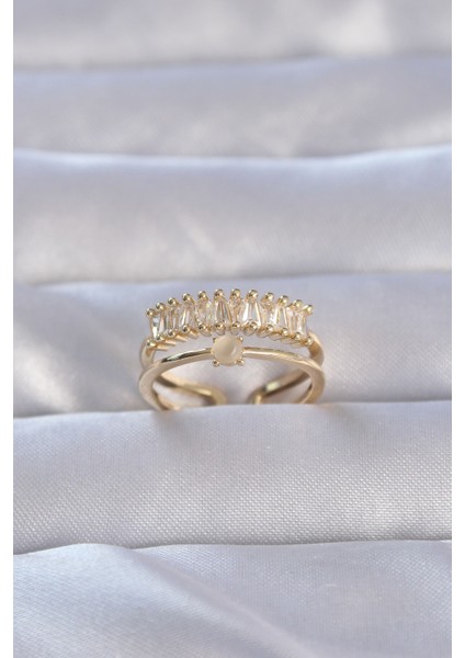 Pirinç Gold Renk Zirkon Taşlı Baget Su Yolu Model Ayarlanabilir Yüzük - TJ-BYK3229