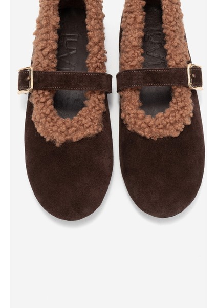 Guın Kahverengi Süet Hakiki Deri Peluş Detaylı Kemerli Kadın Babet Ayakkabı fiyatları