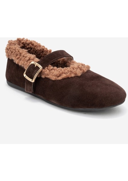 Guın Kahverengi Süet Hakiki Deri Peluş Detaylı Kemerli Kadın Babet Ayakkabı modelleri