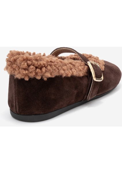 Guın Kahverengi Süet Hakiki Deri Peluş Detaylı Kemerli Kadın Babet Ayakkabı indirimleri