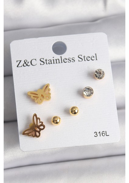 316L Çelik Gold Renk Zirkon Taşlı Kelebek Figür Kadın Küpe Seti - TJ-BKP10007