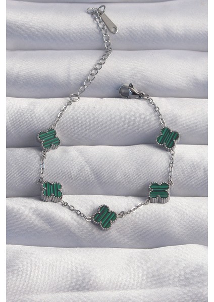 316L Çelik Baby Boy Gümüş Renk Çizgili Yeşil Mineli Yonca Bileklik - TJ-BB6270