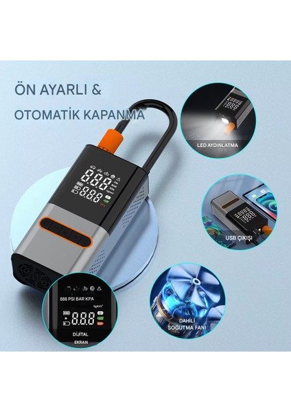 4000 Mah Şarjlı Taşınabilir Araba Lastik Hava Top Şişirme Pompası – LED Işıklı Dijital Hava Kompresörü