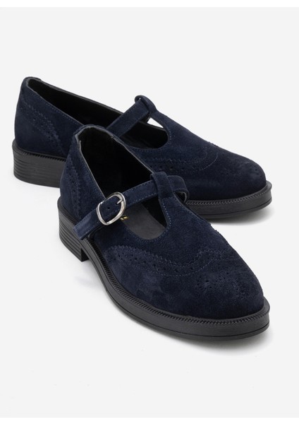 Janney Lacivert Süet Hakiki Deri Bantlı Kadın Loafer Ayakkabı